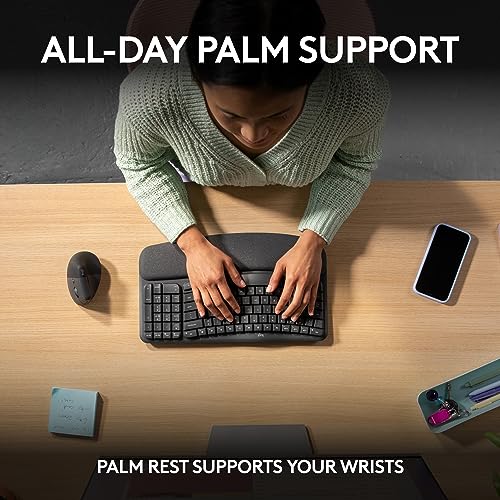 Logitech Wave Keys Wireless Ergonomic Keyboard with Cushioned Palm Rest, Comfortable Natural Typing, Easy-Switch, Bluetoot...