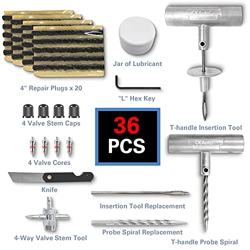 CKAuto Universal Tire Repair Kit, Heavy Duty Car Emergency Tool Kit for Flat Tire Puncture Repair, 36 Pcs Value Pack, Tire...