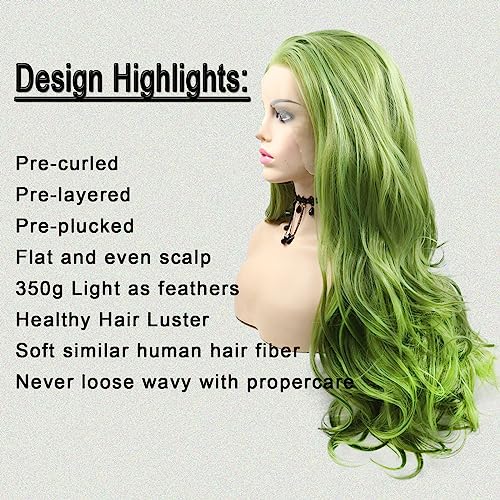 Green Lace Front Wig Body Wave Glueless Lace Wigs Olive Green Long Curly Wavy Pre Plucked Natural Wig Synthetic Heat Resistant Fiber Hair Colorful Wig for Women Daily 24 Inch