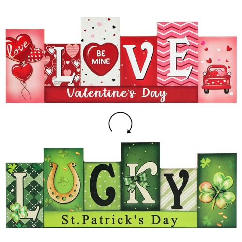Valentine's Day & St. Patrick's Day Wooden Table Sign - LUCKY LOVE Reversible Tabletop Decor - Rustic Double-Sided Differe...