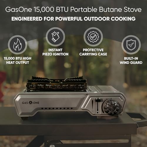 GasOne 15,000 BTU Portable Butane Camping Stove with Case: Automatic Ignition, Precise Heat Control - Camping & Tailgating...