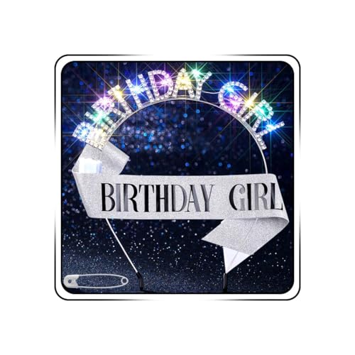 Uranian Light Up Birthday Headbands and Sash LED Rhinestone Halo Crowns Glow Birthday Party Favor Hair Accessories for Women