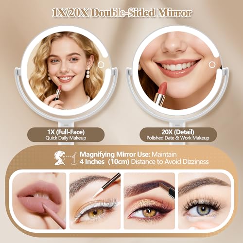 MOMOKUBA Makeup Mirror with Lights, Double Sided 1x/20x Magnifying Mirror with Light, Rechargeable 3 Color Lights and Adju...