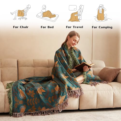 Boho Throw Blanket for Couch 100% Cotton Soft Birds and Floral Double Embroidery Breathable Throw Blankets,50"×60" All Sea...