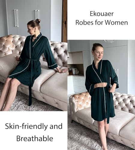 Ekouaer Women Kimono Robes Knee Length Knit Bathrobe Lightweight Soft Sleepwear V-neck Casual Ladies Loungewear