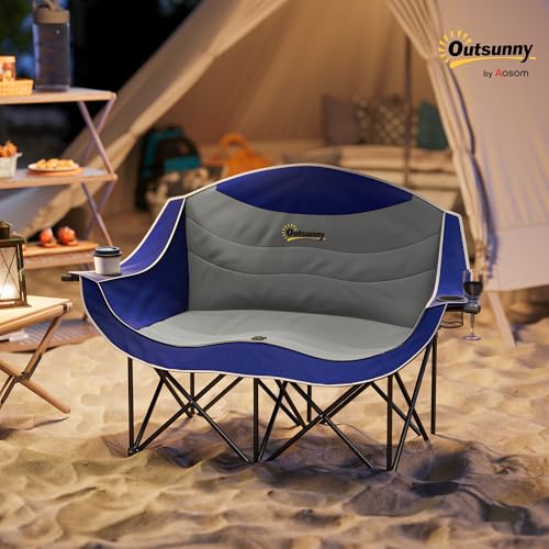 Outsunny Double Camping Chair for Adults, Padded Folding Camp Chair for 2 Person with Armrest, Wine Glass Holder, Cup Hold...