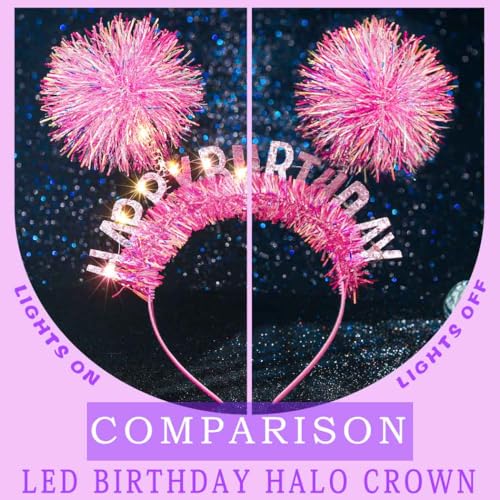 Uranian Light Up Happy Birthday Headbands Led Glitter Pompom Hairbands Glow Birthday Party Hair Accessories for Women