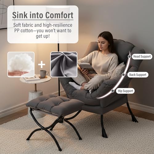Lazy Chair with Ottoman, Modern Chair with Folding Footrest, Lounge Accent Chair, Comfortable Reading Chair, Oversized Arm...