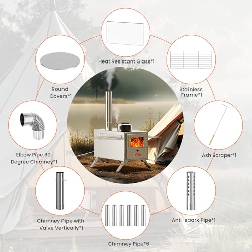 Upgraded Wood Stove, Hot Tent Stove Camping Portable Stainless Steel Wood Burning Stove with 7 Chimney Pipes for Wall Tent...