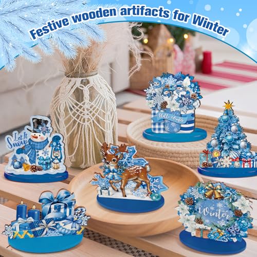 Wesiti 12 Pcs Winter Snowflake Table Decorations Wooden Centerpiece for Table Blue White Snowflake Snowman Gnomes Tabletop...