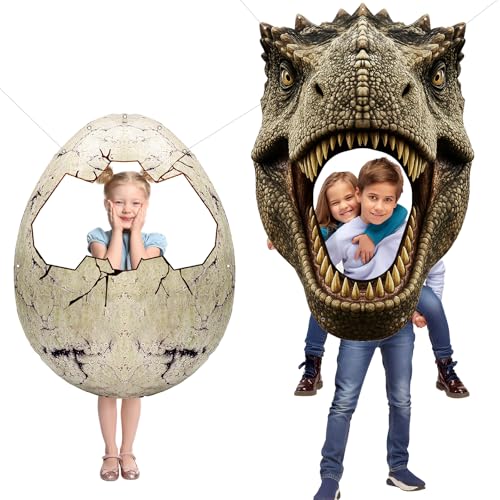 Dino Themed Photo Backdrop Set for Kids Birthday Party – Dinosaur Head and Egg Fabric Banner with Cut-Out Windows – Jungle...