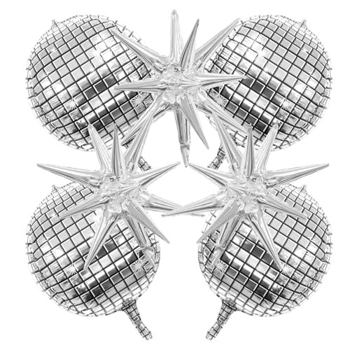 7PCS Silver 4D Foil Disco Balloons with Star Balloons for 70s Disco, Graduation, Birthday & Bridal Shower Decorations - 22...