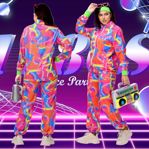 Tosjack 80s Outfit for Men Women,Neon Retro Tracksuit 90s Windbreaker Costume,Hip Hop Party Workout Track Suit Clothing
