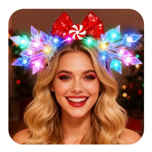BARTOSI Light Up Christmas Snowflake Headband Xmas Bow Headbands Holiday Hair Accessories for Women and Girls