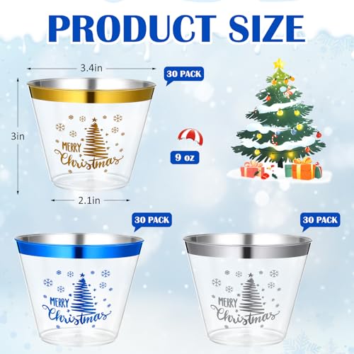 Jingmore 90 Pcs Disposable Christmas Cups 9 oz Hard Plastic Drinking Cups Christmas Tree Clear Wine Glasses Xmas Tree Tumb...