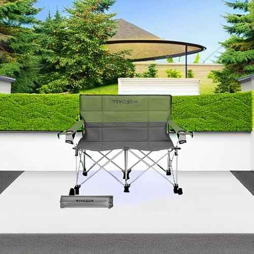 [outlets]VIVOSUN Double Camping Chair, Fully Padded Folding Loveseat, Portable Oversized Duo Chair with Storage Cup Holders, Height-adjustable Armrests & Carry Bag, Supports up to 500lbs, Green & Grey