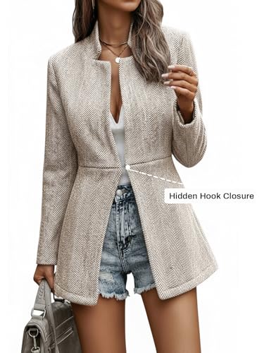 Mina Self 2026 Spring Women's Herringbone Tweed Blazer Jacket - Long Fully Lined Open Front Work Office Coat with Pockets