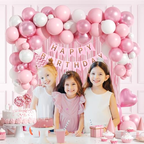 Pink Birthday Decorations with Pearl White Light Pearl Metallic Pink Foil Balloons Fringe Curtain Banner for Happy Birthda...