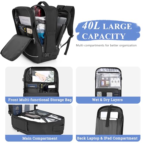 Sinaliy Personal Item Backpack, 40L Large Travel Backpack for Women Men, Waterproof Carry on Backpack for College, Busines...