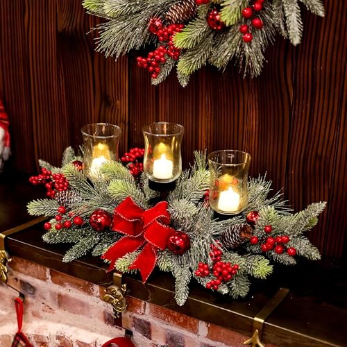Red Christmas Table Centerpiece,Christmas Decoration Cedar with 3 Candlestick Glass Cup, Red Berry, Balls for Holiday Part...
