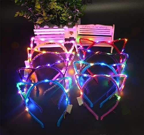 REQO 10 Pieces Cat Ears Headbands Set,LED Cute Cat Light Up Head Accessories,Glowing Girls Headdress Party Supplies For Ni...