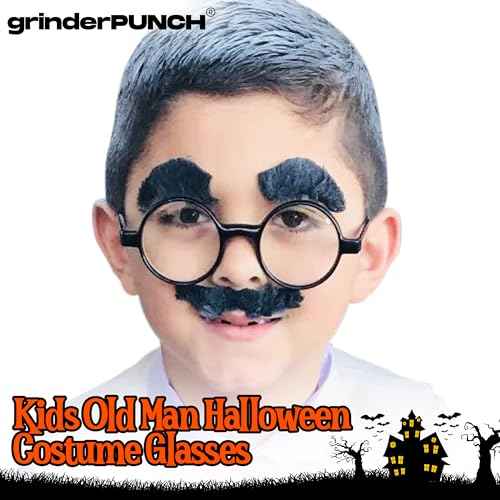 grinderPUNCH Kids Childrens Wizard Nerd Round Black Frame Glasses, Clear Lens (Age 4-12)