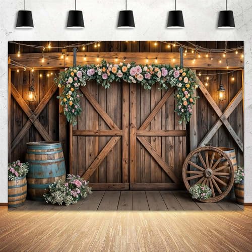 10x8ft Country Wedding Photography Backdrop Rustic Barn Door Photography Backdrop Farmhouse Pink Flower Cabin Wooden Birth...