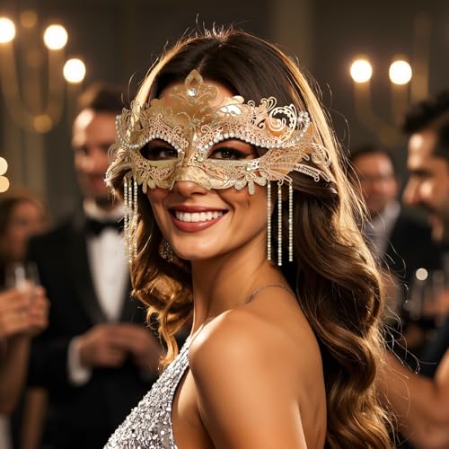 Coddsmz Women Masquerade Mask with Rhinestone Chains Venetian Mask Mardi Gras Decoration for Carnival Party Costume Masks