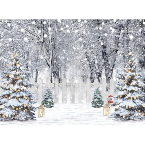 8x6ft Christmas Backdrop Winter Snow Forest White Fence Background Christmas Trees String Lights Lantern Snowman Photograp...