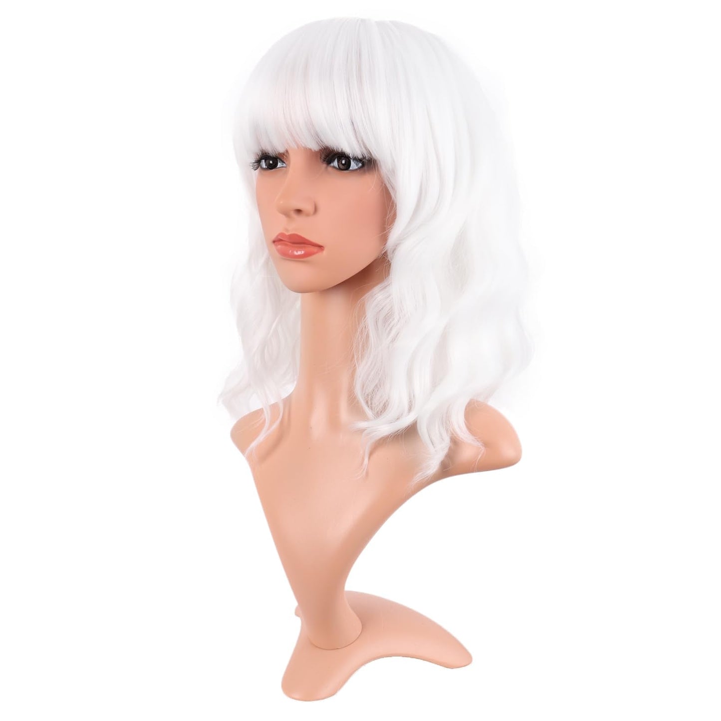 MapofBeauty Short Wavy Curly Bob Wig, 14 Inch, High Temperature Fiber, White, with Flat Bangs