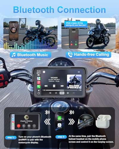 Portable Motorcycle CarPlay HD Touch Screen, Motorcycle GPS Navigation System with Apple Carplay and Android Auto, IP67 Wa...