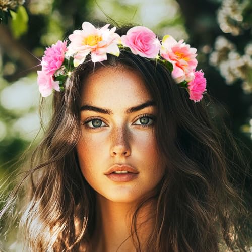 DRESBE Light Up Flower Headbands LED Floral Garland Crown Headband Glowing Party Wreath Hair Accessories for Women (Pink)
