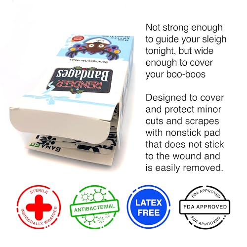GAMAGO Reindeer Bandages for Kids & Kidults - Set of 18 Individually Wrapped Self Adhesive Bandages - Sterile, Latex-Free...