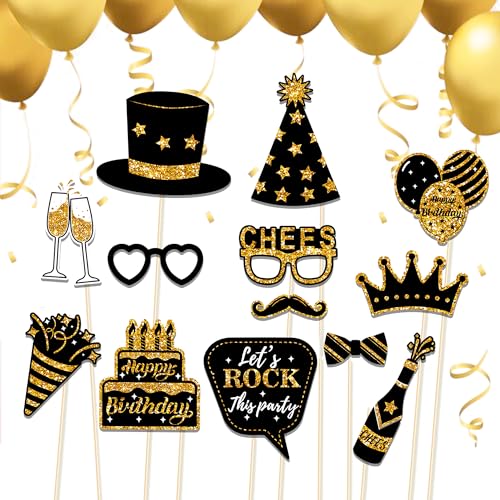 30 Pcs Black & Gold Birthday Photo Booth Props 2025 Party Photo Booth Props Birthday Decorations Backdrop Decorations for ...