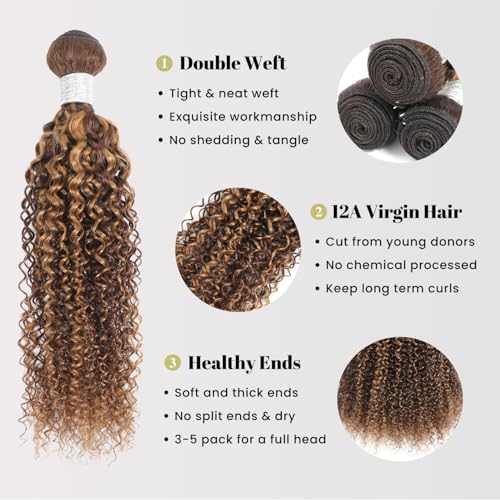 #P4/27 Highlight Kinky Curly Bundles Human Hair 10 12 14 In, Honey Blonde Highlight Brazilian Tight Curly Bundles Thick Track 12A 100% Virgin Ombre Brown Colored Human Hair 3 Bundles Remy Sew In