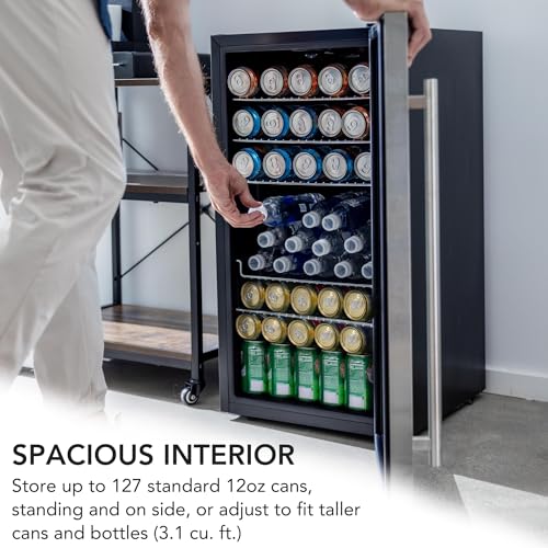 Whynter Beverage Refrigerator with Double-Layer Glass Door, 127-Can 3.1 Cu Ft Freestanding Drink Mini Fridge, BR-130SB, St...