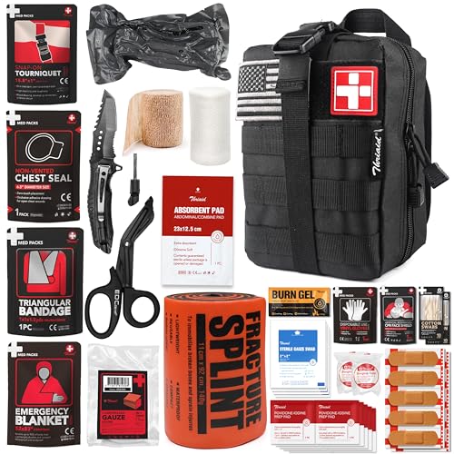 Survival First Aid Kit with Israeli Bandage, Splint, Chest Seal, Tactical Military Combat Molle IFAK for Wound Care, Bleed...
