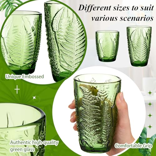 Ferrochef Green Drinking Glasses Set of 8 with Coasters 10 &12 oz Vintage Fern Leaves Textured Green Glass Cups Boho Aesth...