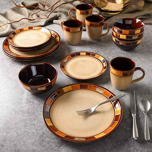 Gibson Casa Estebana 16-Piece Dinnerware Set, Service for 4 ? Beige and Brown Stoneware Plates and Bowls