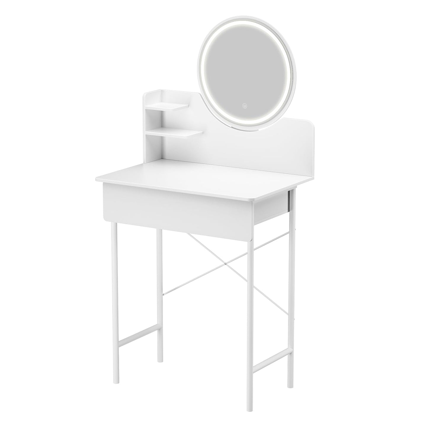 TOLUON Vanity Desk with Mirror & Light - Modern Vanity Table with 1 Drawers, 2 Open Shelves, 3 Adjustable Brightness Levels, White Bedroom Dressing Table White