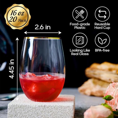 FOCUSLINE 20pcs 16 Oz Plastic Wine Glasses, Stemless Gold Rim, Heavy Duty Disposable Drinking Cups, Reusable Shatterproof ...