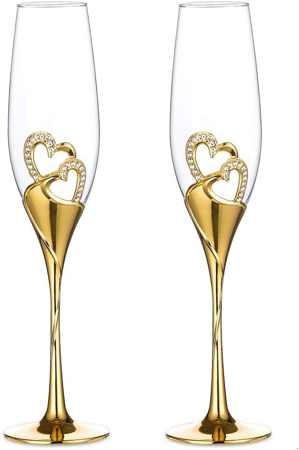 Wedding Champagne Glass Set Gold Toasting Flute Glasses Deluxe Pack of 2 with Rhinestone Rimmed Hearts Decoration for Wedd...