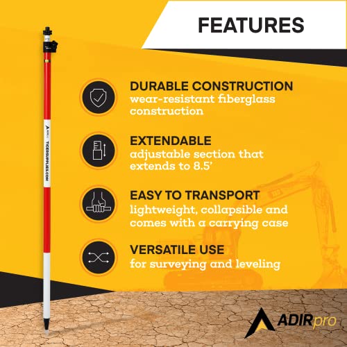 AdirPro 2.6 M Fiberglass Prism Pole with Dual Graduations - Metric and Feet Graduations with Quick Release Clamp & 40-Minu...