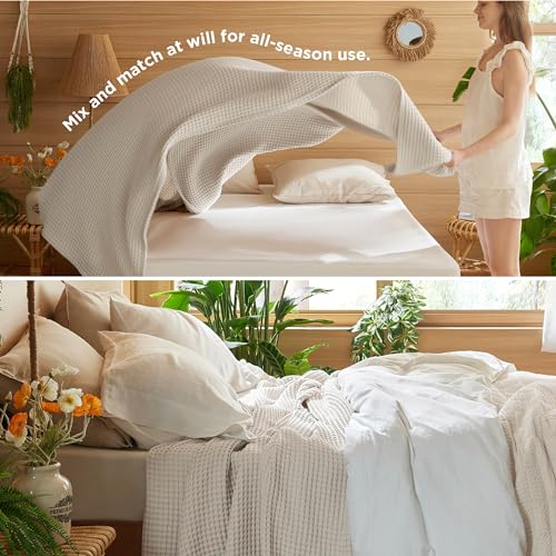 Bedsure 100% Cotton Blanket Queen Size for Spring Summer, Waffle Weave Thin Lightweight Breathable Blanket for Bed, Cotton...