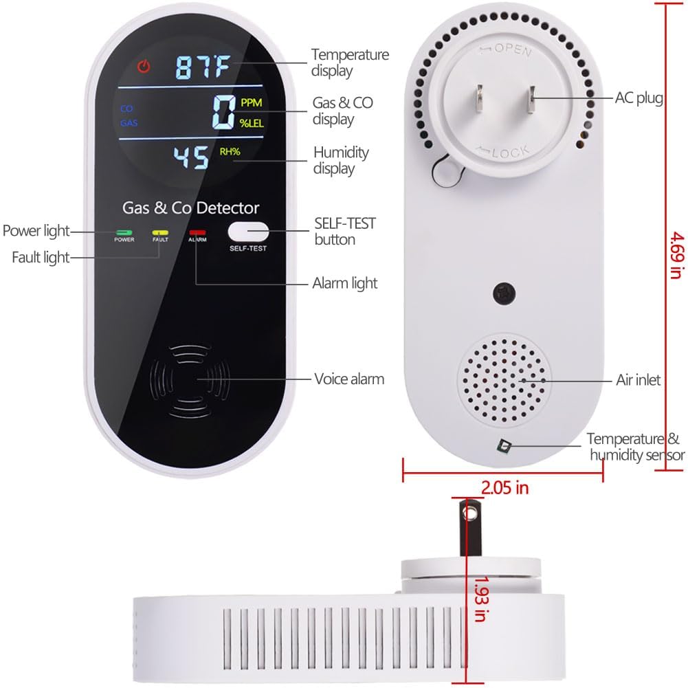 KH Alert Plug in Carbon Monoxide and Natural Gas Detector, Combination Gas & Carbon Monoxide Detectors for Travel with Temperature Humidity Display, 4 in 1 CO and Gas Detector for Home/Travel(1 Pack)