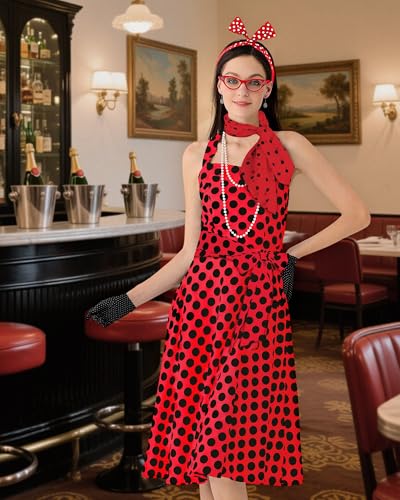 Women's 1950s Polka Dress Set Audrey Vintage-Inspired Cocktail Halter Swing Dress with Accessories 10PCS