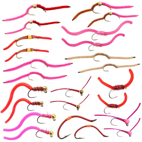 The Fly Crate | 24 San Juan Worm Fly Fishing Flies Assortment for Trout | 2 Dozen Beaded Worms Wet Nymph Flies