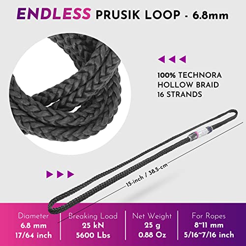 GM CLIMBING 6.8mm Endless Prusik Loop 100% Technora 25kN Heat Resistant Friction Hitch Cord Hollow Braid for Rappel Abseil...