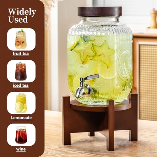 1 Gallon Glass Drink Dispenser with Acacia Wood Stand and Lid,Clear Embossed Beverage Dispenser with Stainless Steel Spigo...