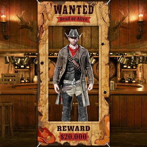 Funrous Wanted Poster Photo Prop Western Photo Booth Prop Large Selfie Frame Poster Fabric Banner Backdrop Wanted Sign for...